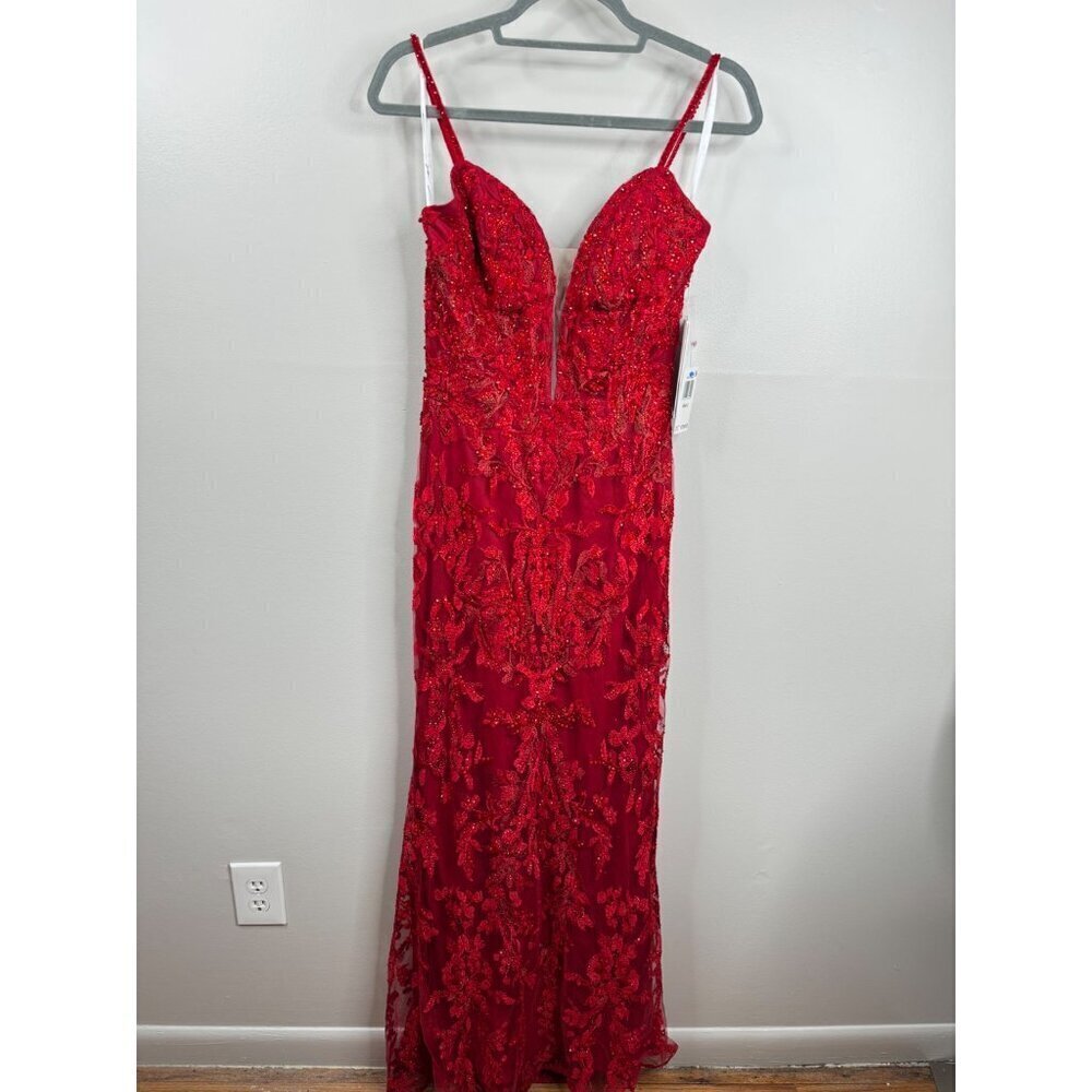 MAC DUGGAL 20330 Embroidered Floral Plunge Neck Illusion Red Evening Gown Size 2 - Picture 3 of 5